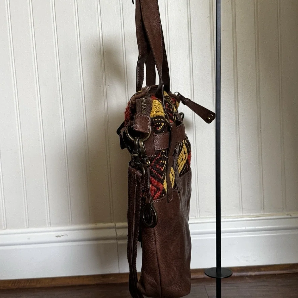 Audrey Brooke Leather Woven Bag Shoulder Bag Crossbody Brown Red Yellow‎ Tribal